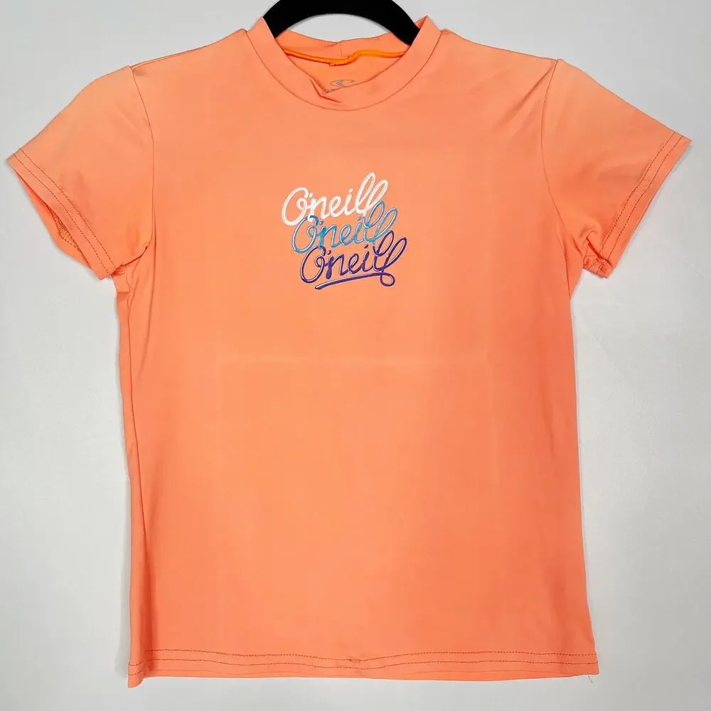 ONeill Girls Size 14 Bright Orange Short Sleeve Swim Rashguard Top Skins UPF 50+